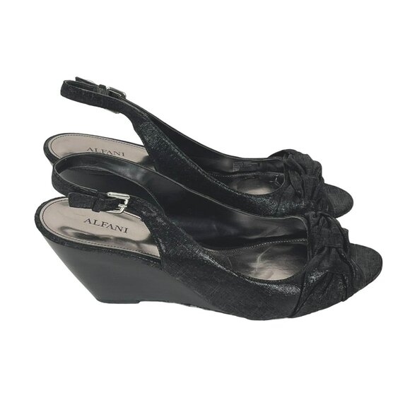 Alfani Raina Black Leather Slingbacks Peep-Toe Wedge Heel Sz. 9.5 - Picture 3 of 8